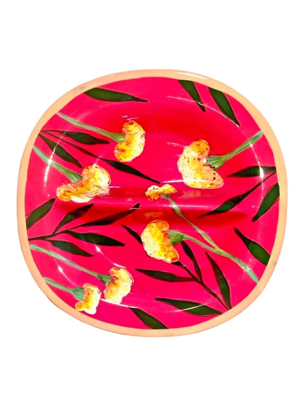 DROLL DESIGNS 10.5” Serving Bowl Divided Platter Marigold Blossoms Red Yellow